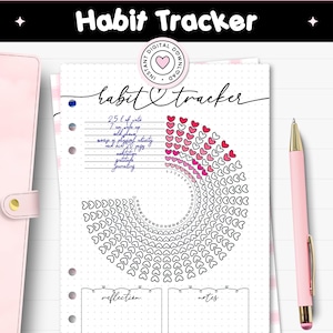 May include: A printable habit tracker with the text "Habit Tracker" at the top. The tracker includes a heart-shaped design for tracking habits, with sections for reflection and notes. A pink pen rests on the right side.