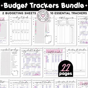 May include: A digital printable budget tracker bundle featuring 22 pages of financial planning sheets in A4, Letter, and A5 sizes. The black and white templates include sinking funds, debt payments, monthly bills, income, expense, and subscription trackers.
