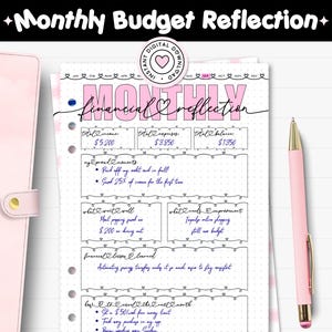 May include: A printable Monthly Budget Reflection journal page featuring a pink and white color scheme. The document includes sections for total income, expenses, and balance, along with prompts for financial reflections and goals, all written in a cursive font.
