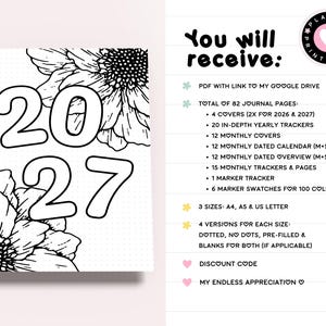 May include: A black and white printable journal page featuring the year 2027 in large outline font surrounded by floral illustrations. The text lists 82 pages including yearly trackers, monthly calendars, and marker swatches in A4, A5, and US Letter sizes.