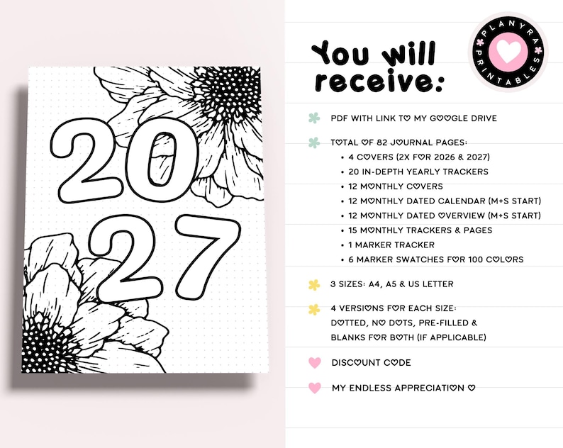 May include: A black and white printable journal page featuring the year 2027 in large outline font surrounded by floral illustrations. The text lists 82 pages including yearly trackers, monthly calendars, and marker swatches in A4, A5, and US Letter sizes.
