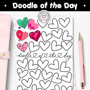 May include: A printable PDF journal page with the text "Doodle of the Day" and various heart illustrations. The page includes a variety of heart designs, including outlined hearts and hearts with different patterns and colors. A pink pen is visible.