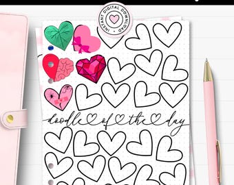 May include: A printable PDF journal page with the text "Doodle of the Day" and various heart illustrations. The page includes a variety of heart designs, including outlined hearts and hearts with different patterns and colors. A pink pen is visible.