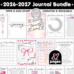 May include: A 2026-2027 journal bundle featuring 82 pages of printable PDF templates in A4, Letter, and A5 sizes. The collection includes undated, reusable layouts with trackers for life balance, sleep, self-care, and emotions, plus monthly calendars.