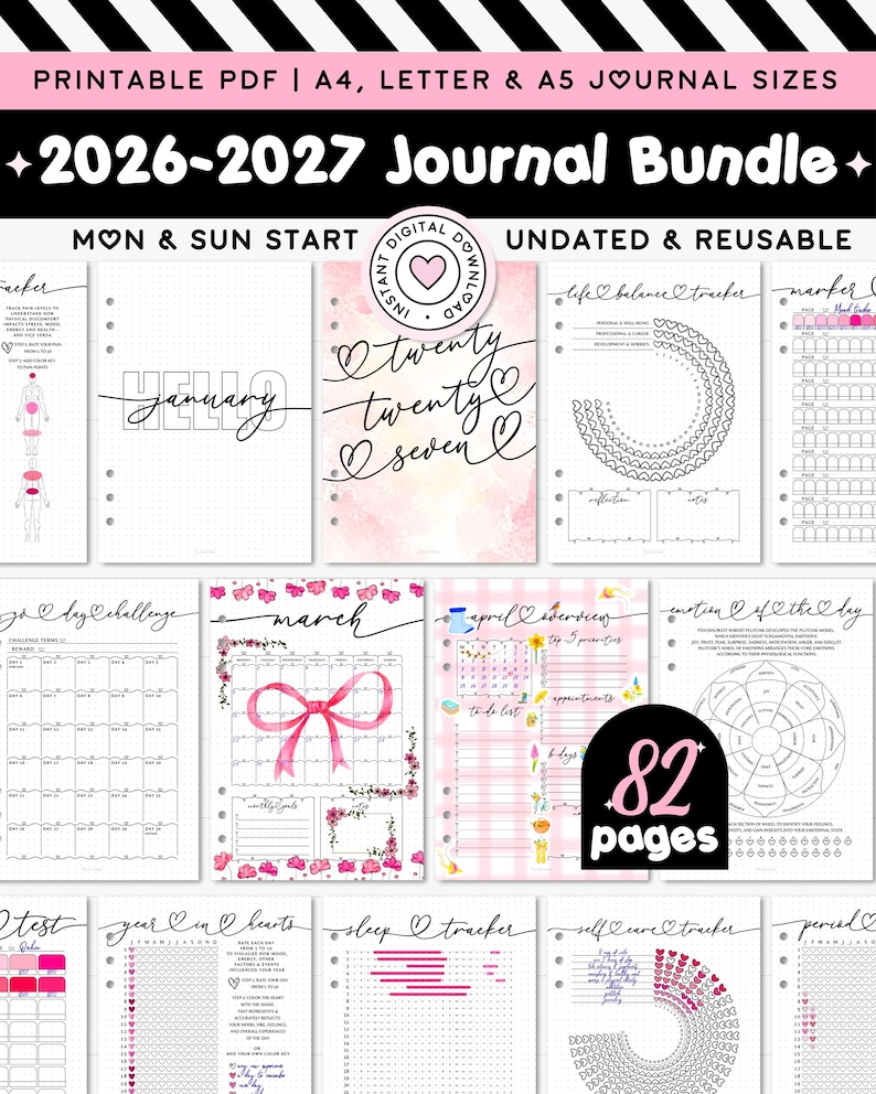 May include: A 2026-2027 journal bundle featuring 82 pages of printable PDF templates in A4, Letter, and A5 sizes. The collection includes undated, reusable layouts with trackers for life balance, sleep, self-care, and emotions, plus monthly calendars.