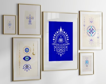 Blue Boho Gallery Wall Art Set: Eye & Hamsa Prints (Digital Download)