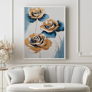 Abstract Blue & Gold Roses Wall Art, Digital Printable Artwork for Modern Home Decor, Elegant Floral Design, Perfect for Living Room
