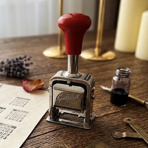 Vintage Wall Model 45 Numbering Machine, Red Handle, Industrial Office Decor