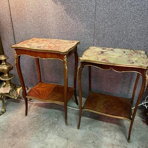 Antique French Louis XV Style Marble Top Bedside Tables with Ormolu