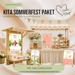 May include: A digital printable kit for a summer festival featuring signage with text including KITA SOMMERFEST PAKET, Erste Hilfe, Hier entlang, and Essen & Getränke. The design includes illustrations of palm trees, a red cross, and food items.