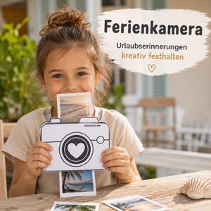 Könnte beinhalten: Ein weißer Papier-Kamera-Ausschnitt mit schwarzem Umriss und einem Herz-Symbol auf dem Objektiv. Die Kamera hat einen Schlitz, der ein kleines Strandfoto hält. Der Text lautet: Ferienkamera, Urlauberinnerungen kreativ festhalten.