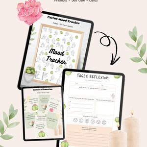 Cactus Self Care Set – Mood Tracker & Affirmationskarten zum Ausdrucken | Printable Mental Health Bundle | Self Love PDF