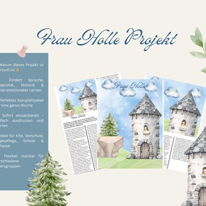 May include: A watercolor illustration of a fairytale tower with a gray stone roof and a small window. The text "Frau Holle Projekt" is at the top. The image also includes a list of benefits and a small Christmas tree.