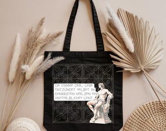 Mythological Organic Tote Bag – Black fabric bag with quote, sustainable shopping bag, gift for art & mythology lovers