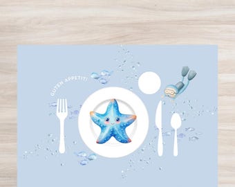 Placemat for children with starfish motif | Placemat with underwater design | Printable PDF | Daycare & nursery accessories | Bon Appetit template