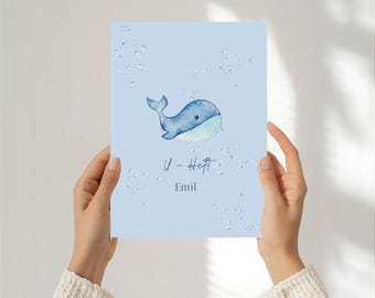 Personalized child health record booklet cover with whale - A6 - preventive care booklet cover for children