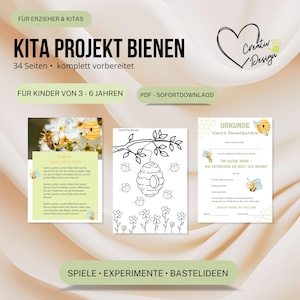 Könnte beinhalten: Ein 34-seitiges digitales pädagogisches Projektpaket mit dem Titel KITA PROJEKT BIENEN für Kinder von 3 bis 6 Jahren. Das Set enthält druckbare Arbeitsblätter mit Bienen-Illustrationen, eine Malvorlage mit Bienenstock und eine Urkundenvorlage.