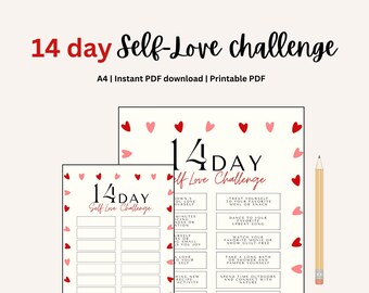 May include: Printable 14-day self-love challenge with a list of activities to do each day. The printable features red and pink hearts.