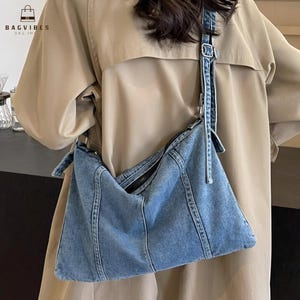 Große Schultertasche aus Denim-Stoff - Stilvolle und lässige Damen-Denim-Tasche, komfortables Design mit verstellbarem Riemen