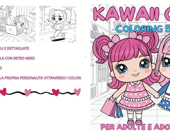 Peut inclure: Une couverture de livre de coloriage représentant deux filles kawaii en robes rose et bleue, tenant des sacs à main. Le titre du livre est "Kawaii Girls Coloring Book" et le texte en dessous indique "Pour adultes et adolescents".