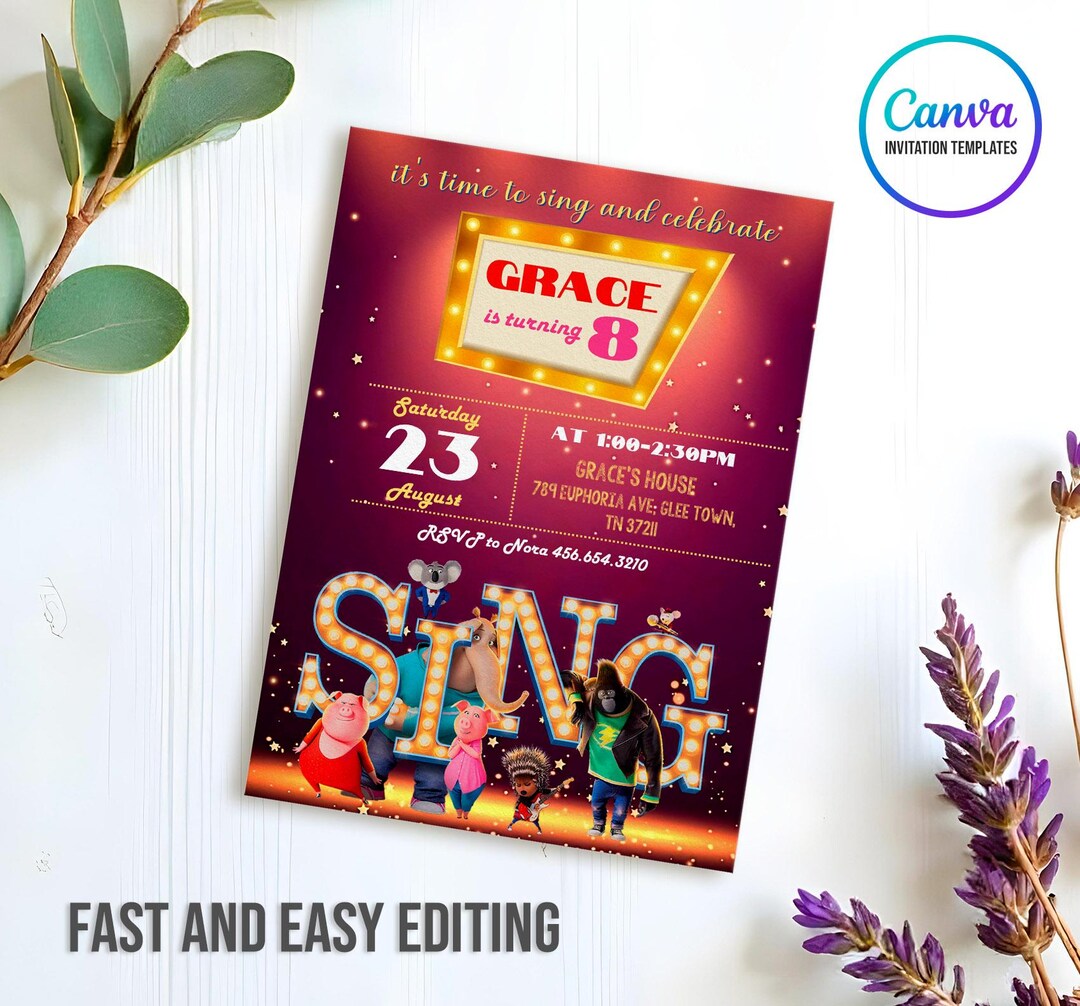 Editable Singer Invitation, Printable Sing 2 Birthday Invitation ...