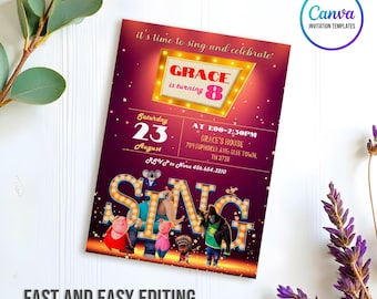 Editable singer invitation, Printable Sing 2 Birthday Invitation, karaoke girl birthday invite,Instant Download, music birthday party