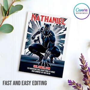 Convite para impressão do Pantera Negra, convite de aniversário Wakanda Forever, convite do Pantera Negra, festa de super-heróis, download instantâneo editável