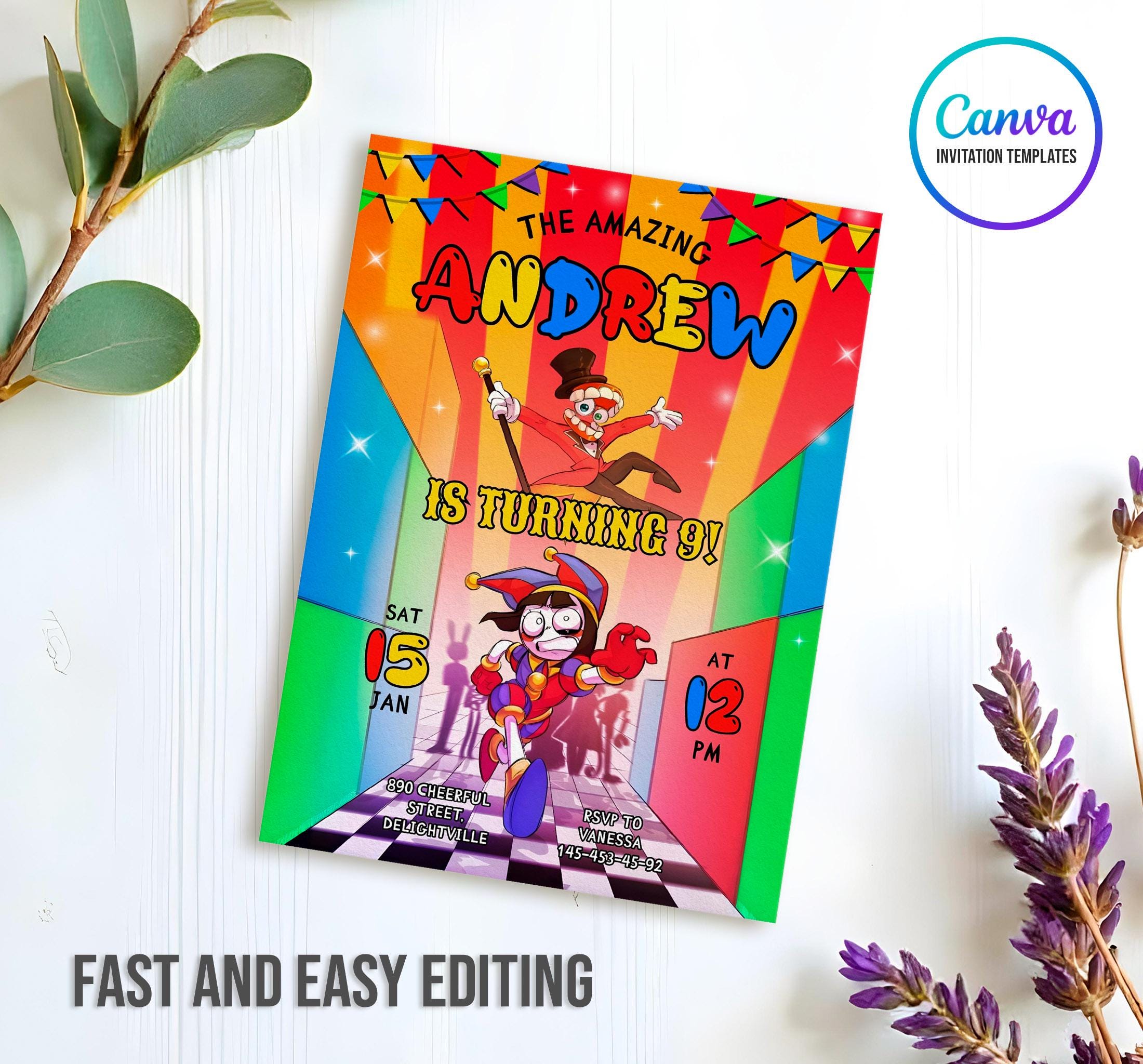 Amazing Digital Circus Invitation,  Printable Editable Digital Circus party Invite, Birthday Party Celebration template Download