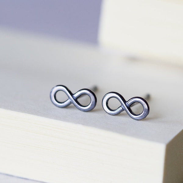 Black Stud Earrings, Tiny black infinity, oxidized 925 sterling silver stud earring, mens stud earrings, geeky gift math guy unisex