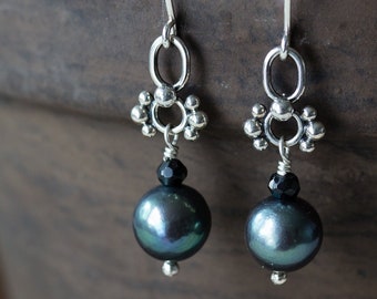 Short Black Pearl Earrings, 9mm Natural Peacock black freshwater pearl and black spinel dangle, 925 sterling silver artisan earrings