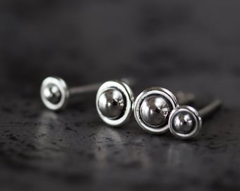 4.5mm and 3mm Ball in Circle Studs, Minimal Stud Earring set for double piercing, Tiny Sterling Stud Silver Earrings for man or woman