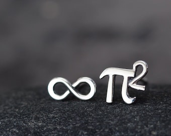 Mismatched Stud Earring Set, Tiny Pi (π) Squared and Infinity Symbol, Sterling Silver Math Earrings, Science Geek Nerd Gift