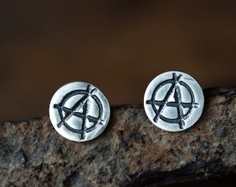 6mm Punk Anarchy Logo Stud Earrings, Hand Stamped Non-Conformist Rebel Jewelry, Circled letter A, Sterling Silver Studs for Man or Woman