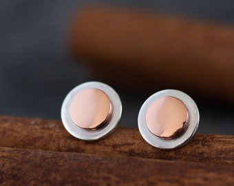 6.5mm Sterling Silver and Copper Stud Earrings, Small Round Layered Disc, simple stud earrings for man or woman