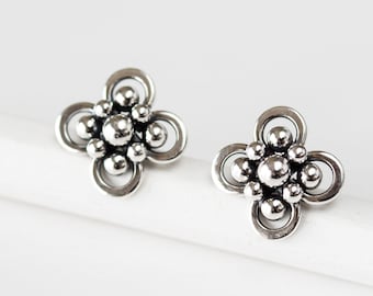 New Atomic Arabesque Starburst Flower Stud Earrings, Abstract Oxidized Sterling Silver Earrings, Unique Artisan Handmade Jewelry