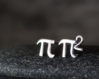 Mismatched Pair of Cute Tiny Pies - mini π and π Squared Stud Earrings, Sterling Silver Pi Studs, Science Geek Gift, Unisex Math Jewelry