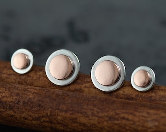 Stylish Double Piercing Earrings Set, Sterling Silver and Copper Stud Earrings, Small Round Disc, simple stud earrings for man or woman