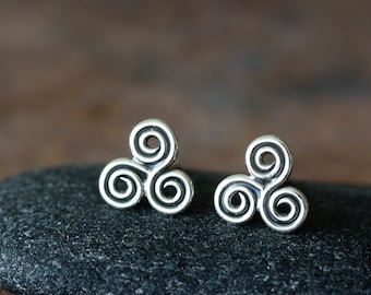 Small Celtic Triskele Earrings, 8mm Triple spiral, sterling silver Celtic earrings, ancient trinity symbol studs for man or woman