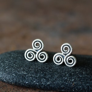 Small Celtic Triskele Earrings, 8mm Triple spiral, sterling silver Celtic earrings, ancient trinity symbol studs for man or woman image 1