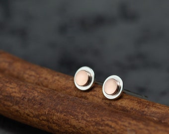 Teeny Tiny Stud Earrings, 4.5mm Round Layered Sterling Silver and Copper Disc, simple stud earrings for man or woman