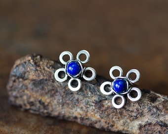 Natural Lapis Lazuli Stud Earrings, small silver flower earrings, tiny deep blue studs, mini stud earrings, artisan handcrafted jewelry