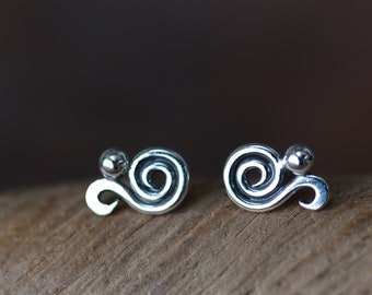 Dainty Spiral Paisley Stud Earrings, Miniature Swirl Ornament, elegant feminine sterling silver stud earrings for everyday