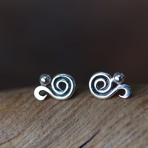 Dainty Spiral Paisley Stud Earrings, Miniature Swirl Ornament, elegant feminine sterling silver stud earrings for everyday image 1