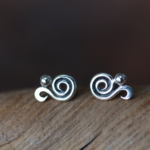 Dainty Spiral Paisley Stud Earrings, Miniature Swirl Ornament, elegant feminine sterling silver stud earrings for everyday