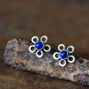 Natural Lapis Lazuli Stud Earrings, small silver flower earrings, tiny deep blue studs, mini stud earrings, artisan handcrafted jewelry image 1