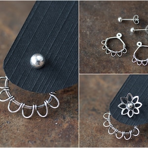 Silver wire wrapped ear jacket earrings, front and back earring, unique artisan earring enhancers, interchangeable stud earrings