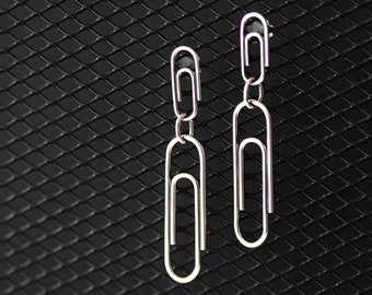 Double Paperclip Earrings, Handcrafted 925 Sterling Silver Wire Paper Clip Large Dangly Stud Earring, Funky Jewelry, Minimalist