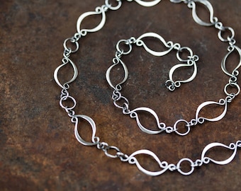 Elegant Sterling Silver Chain Necklace, unique artisan silver necklace, metalwork, marquise leaf shape silver links, 20 inch chain necklace