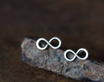 Minimalist Sterling Silver Infinity Earrings, 10mm simple contemporary silver stud earrings for everyday, wire outline infinity symbol
