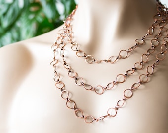 Large Hammered Copper Links Chain Necklace,  wire wrapped circle links oxidized solid pure copper chain, artisan handmade